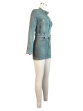 Women's Clothing Denim Patch Embroidered Zip Long Sleeve Top Slim Mini Skirt Two-Piece Set