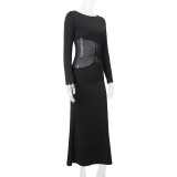 Fashion Women's Fashion Round Neck Long Sleeve Mesh Patchwork Slim Long Dress