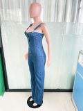 Women Fashion Casual Sexy Strap Wide Leg Denim Jumpsuit