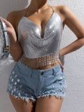 Women Summer Metal Rhinstone Halter Neck Low Back Sexy Vest