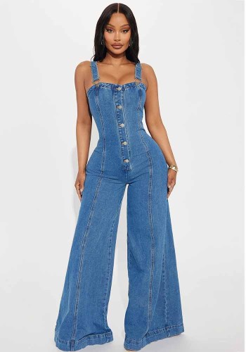 Women Fashion Casual Sexy Strap Wide Leg Denim Jumpsuit