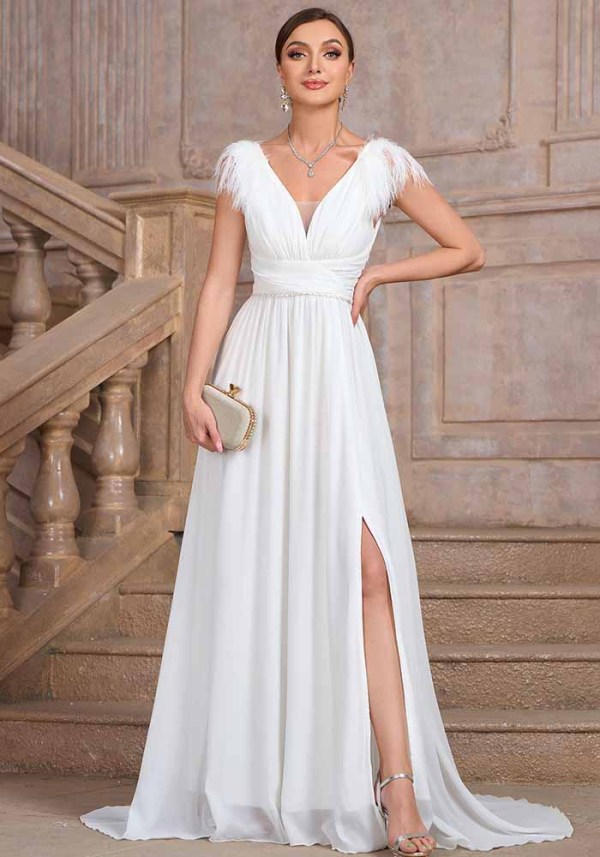 V-Neck Low Back Summer Chiffon Split Elegant Formal Party Women Evening Dress