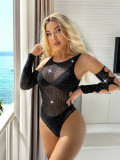 Sexy See-Through Long Sleeve Hollow Beaded Bodysuit Female Lingerie