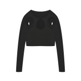 Women's Spring And Summer Street Solid Color Round Neck Long Sleeve Hollow Crop Long Sleeve T-Shirt Top