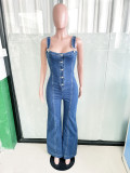 Women Fashion Casual Sexy Strap Wide Leg Denim Jumpsuit