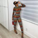 Fashion Women's Clothing Sexy Casual Striped Long Sleeve Tight Slim Jumpsuit