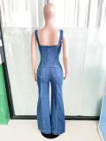 Women Fashion Casual Sexy Strap Wide Leg Denim Jumpsuit