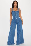 Women Fashion Casual Sexy Strap Wide Leg Denim Jumpsuit