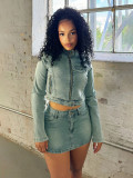 Women's Clothing Denim Patch Embroidered Zip Long Sleeve Top Slim Mini Skirt Two-Piece Set