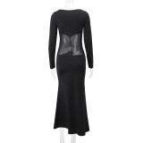 Fashion Women's Fashion Round Neck Long Sleeve Mesh Patchwork Slim Long Dress