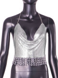 Women Summer Metal Rhinstone Halter Neck Low Back Sexy Vest