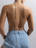 Women Summer Metal Rhinstone Halter Neck Low Back Sexy Vest