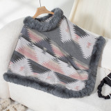 Autumn Winter pullover cloak fur collar geometric pattern knitting shawl sweater