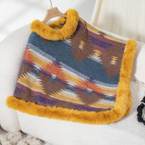 Autumn Winter pullover cloak fur collar geometric pattern knitting shawl sweater