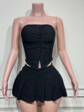 Summer solid color fashion slim sexy Strapless top Slim Waist pleated short skirt two piece set