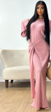 Muslim clothing elegant solid color long sleeve belt long dress