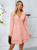 Autumn Winter women's v-neck button long sleeve Casual multi-layer dress