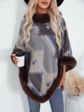 Autumn Winter pullover cloak fur collar geometric pattern knitting shawl sweater