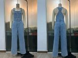 Women Retro Sleeveless Denim Overalls Loose Straight Denim Jumpsuit