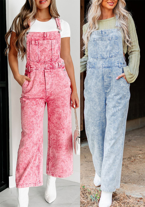 Women Retro Sleeveless Denim Overalls Loose Straight Denim Jumpsuit