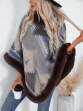 Autumn Winter pullover cloak fur collar geometric pattern knitting shawl sweater