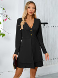 Autumn Winter women's v-neck button long sleeve Casual multi-layer dress