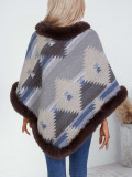 Autumn Winter pullover cloak fur collar geometric pattern knitting shawl sweater