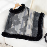 Autumn Winter pullover cloak fur collar geometric pattern knitting shawl sweater