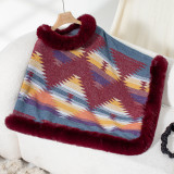 Autumn Winter pullover cloak fur collar geometric pattern knitting shawl sweater