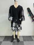 Casual fashion printing Lace-Up v-neck long sleeve dress