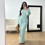 Muslim clothing elegant solid color long sleeve belt long dress