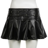 sexy zipper Slim Waist rivet pleated leather miniskirt