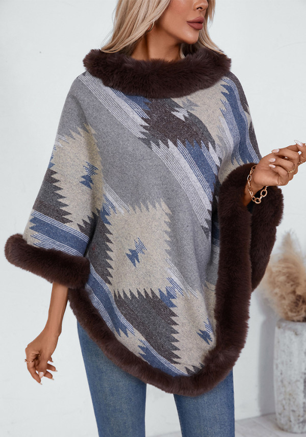 Autumn Winter pullover cloak fur collar geometric pattern knitting shawl sweater