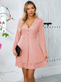 Autumn Winter women's v-neck button long sleeve Casual multi-layer dress