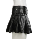 sexy zipper Slim Waist rivet pleated leather miniskirt