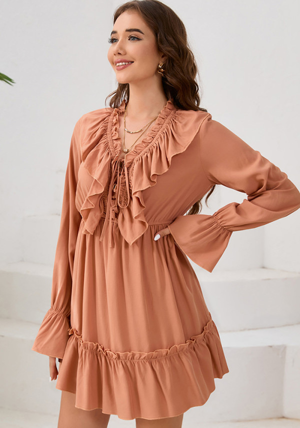 Autumn women's v-neck ruffle long sleeve short dress