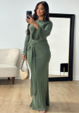 Muslim clothing elegant solid color long sleeve belt long dress