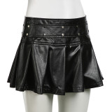 sexy zipper Slim Waist rivet pleated leather miniskirt