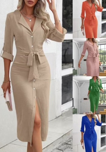 Autumn solid color Turndown Collar belt Chic slit women dress