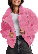 Solid color turndown collar fleece zipper trendy coat