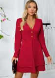 Autumn Winter women's v-neck button long sleeve Casual multi-layer dress