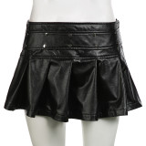 sexy zipper Slim Waist rivet pleated leather miniskirt