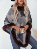 Autumn Winter pullover cloak fur collar geometric pattern knitting shawl sweater