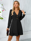 Autumn Winter women's v-neck button long sleeve Casual multi-layer dress