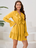 Autumn women's v-neck ruffle long sleeve short dress