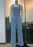 Women Retro Sleeveless Denim Overalls Loose Straight Denim Jumpsuit