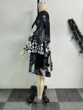 Casual fashion printing Lace-Up v-neck long sleeve dress