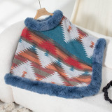 Autumn Winter pullover cloak fur collar geometric pattern knitting shawl sweater