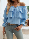 Autumn Winter Women Chic Loose Layer Off Shoulder Lantern Sleeve Top