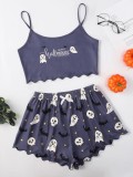 Halloween pumpkin print sleeveless suspender top and shorts Pajama two-piece suit